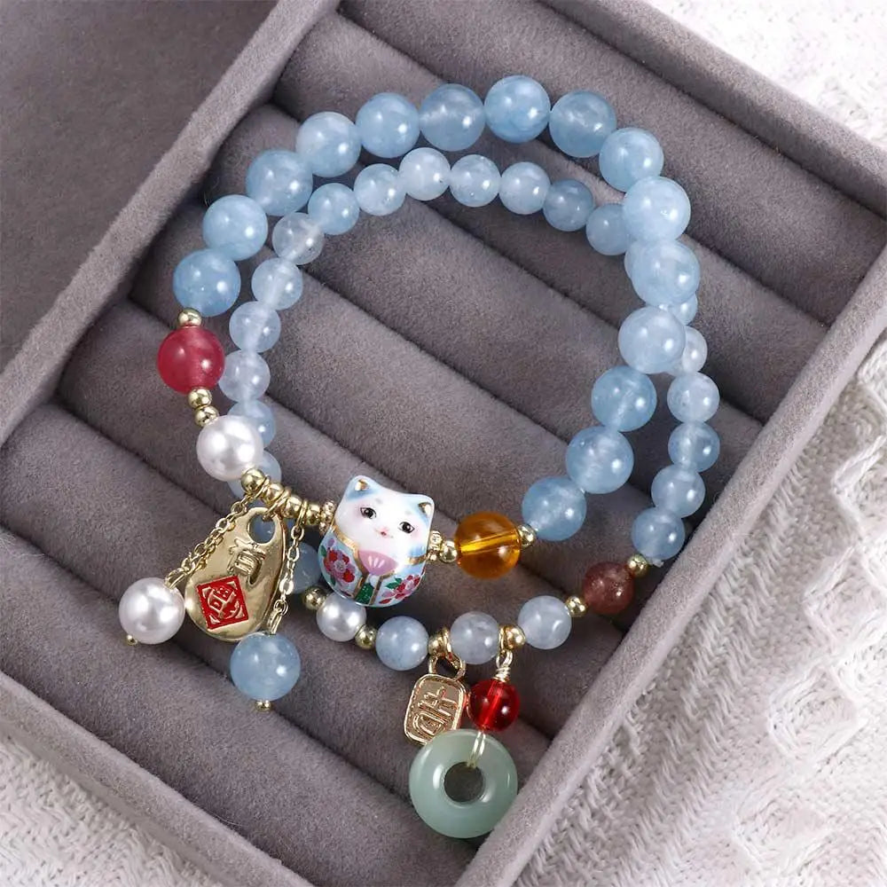 Bracelet japonais Perle Agate Pendentif chat