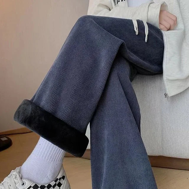 Pantalon Japonais Femme en Velours Côtelé Gris Foncé