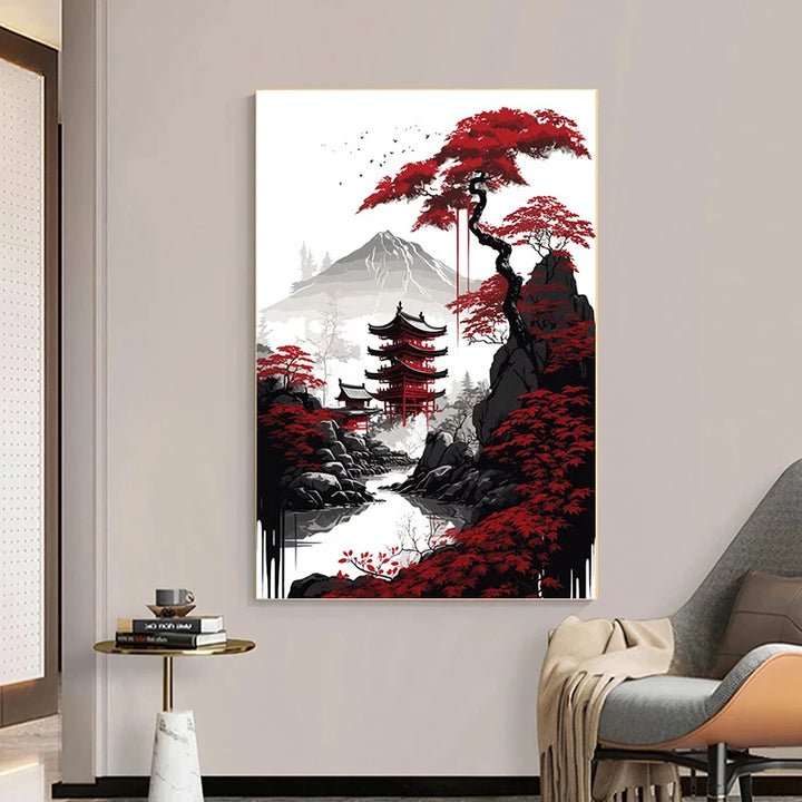 Tableau Japonais Temple et Montagnes