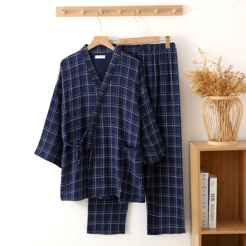 Jinbei Homme à Carreaux Bleu Foncé