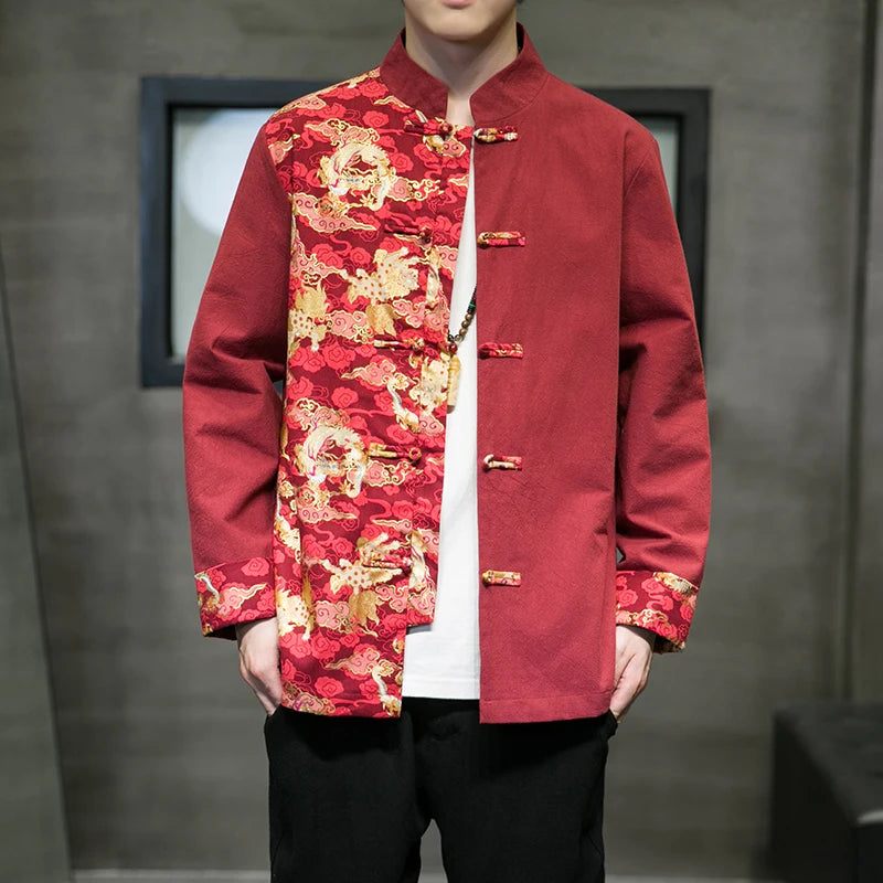 Veste Costume Kimono Homme Motifs Vague de Kanagawa rouge 