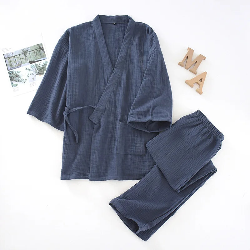 Jinbei Homme Long en Crêpe Bleu clair