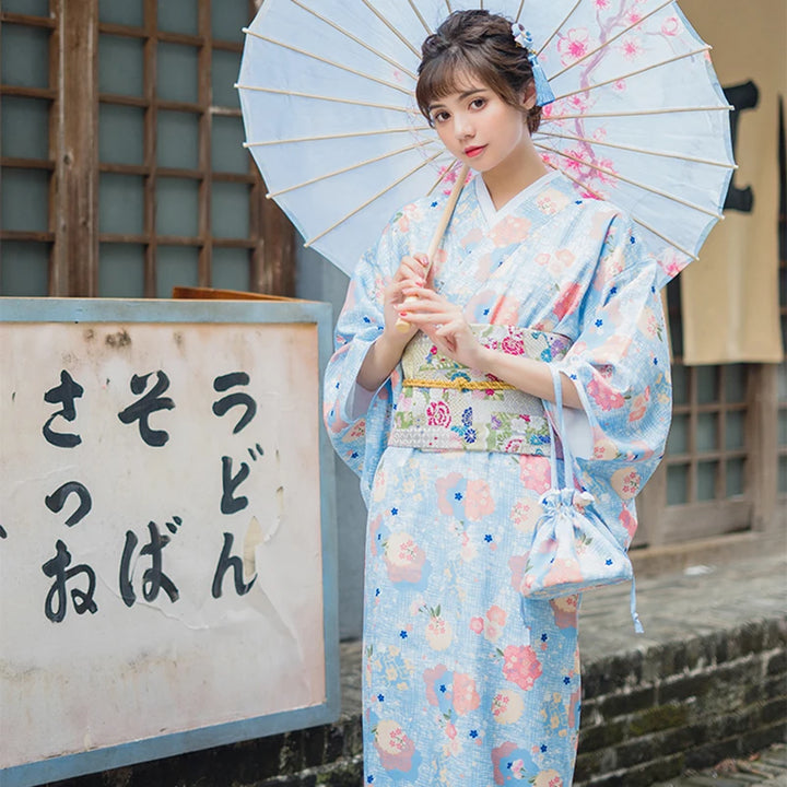 Kimono Femme Style Japonais Bleu