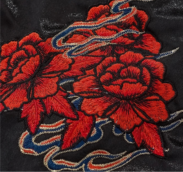 Sukajan Noir Brodé à Fleurs Soyeux