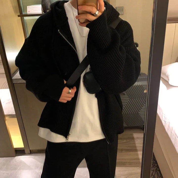 Sweat Japonais à Capuche Tricoté Noir