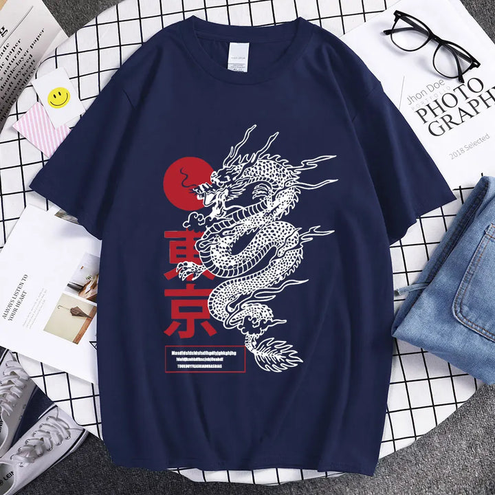 T-Shirt Japonais Dragon Tendance Bleu marine