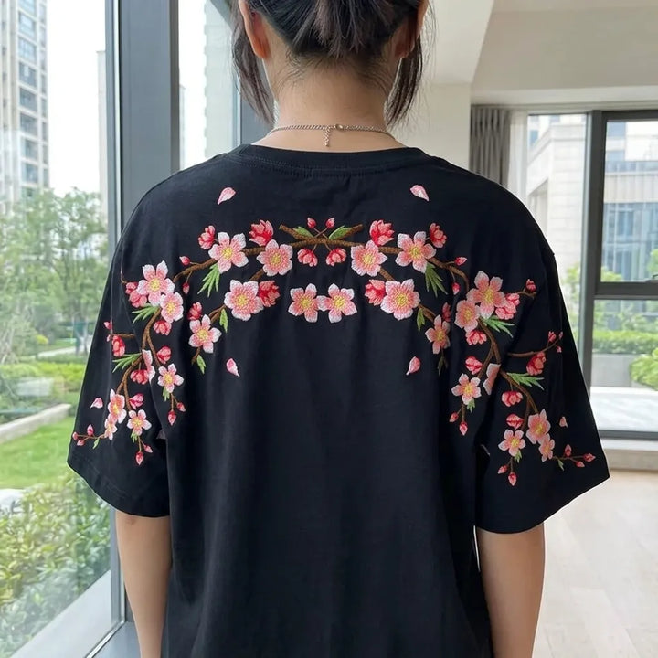 T-Shirt Japonais Femme Brodé Sakura