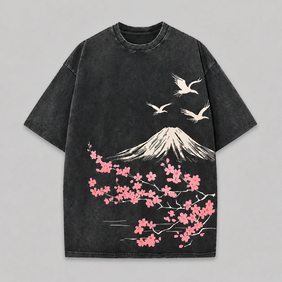 T-shirt Délavé Japonais Sakura Mont Fuji