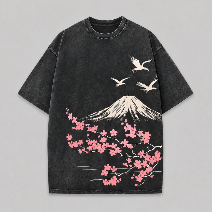 T-shirt Délavé Japonais Sakura Mont Fuji