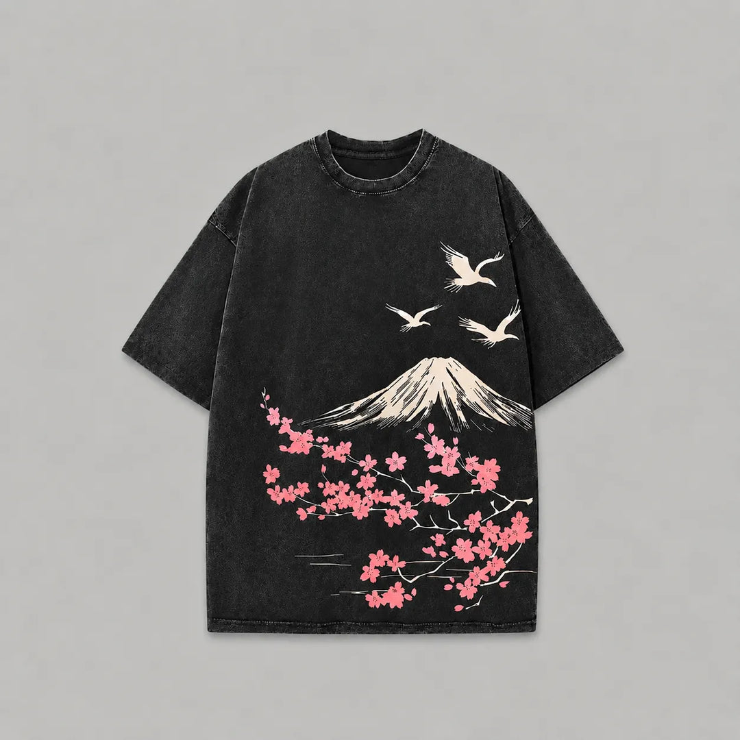 T-shirt Délavé Japonais Sakura Mont Fuji