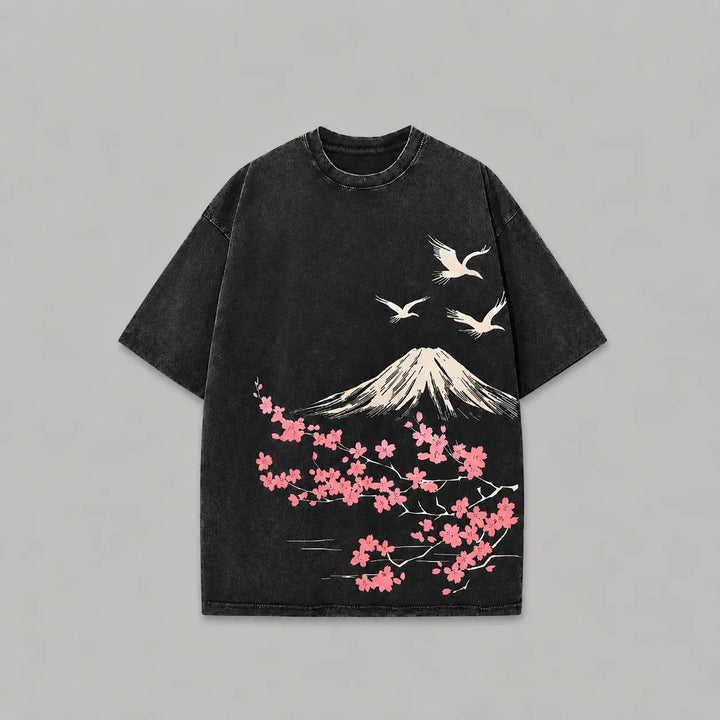 T-shirt Délavé Japonais Sakura Mont Fuji
