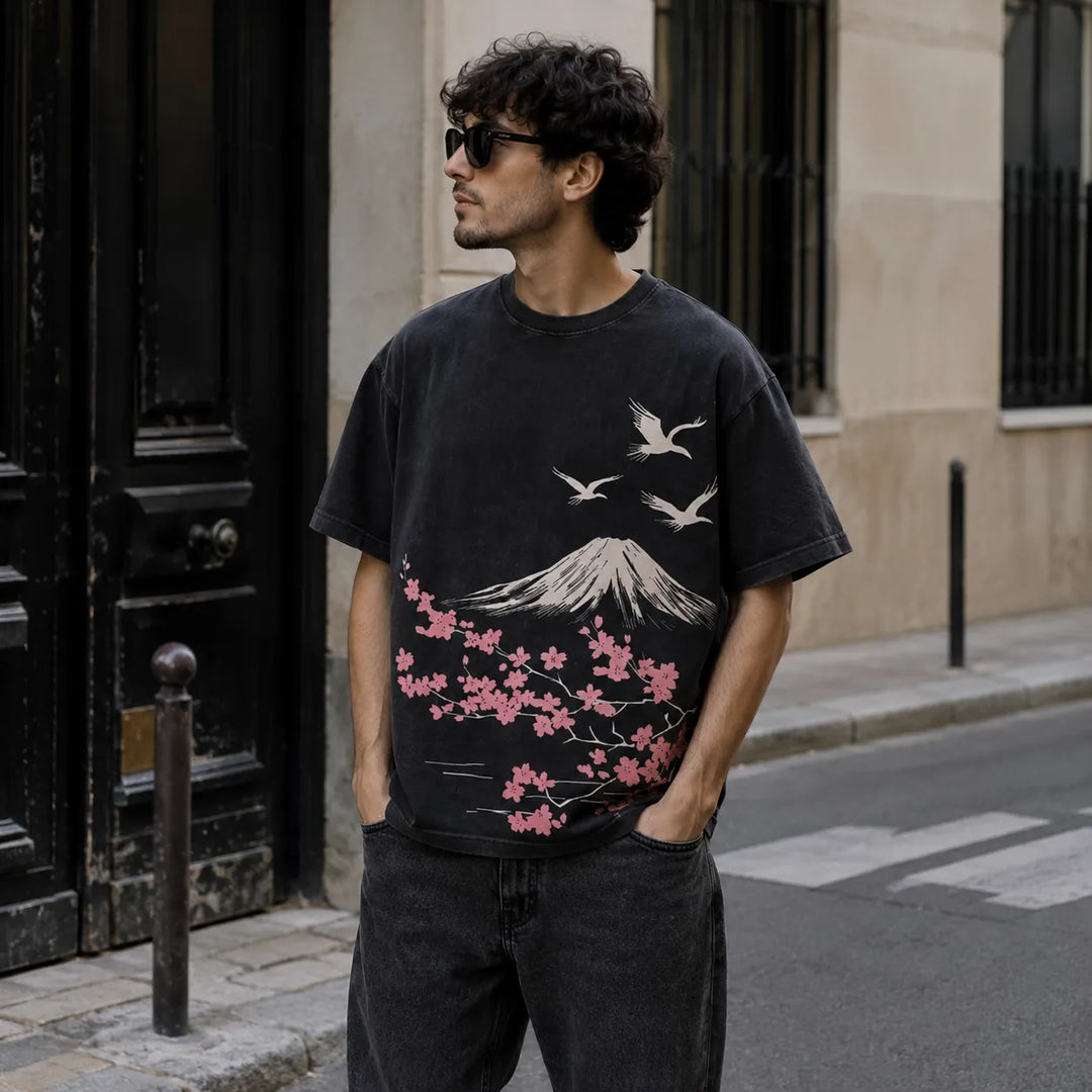 T-shirt Délavé Japonais Sakura Mont Fuji Confortable