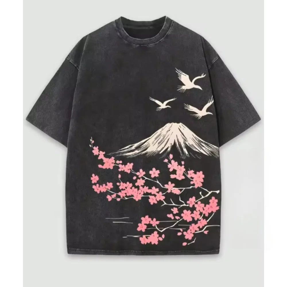 T-shirt Délavé Japonais Sakura Mont Fuji Original