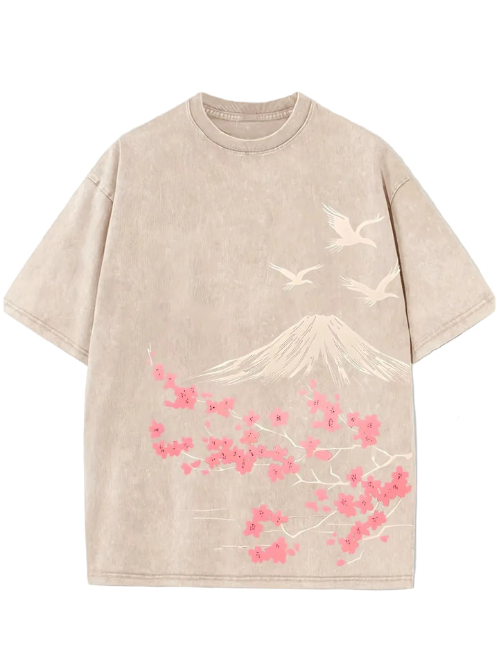 T-shirt Délavé Japonais Sakura Mont Fuji beige
