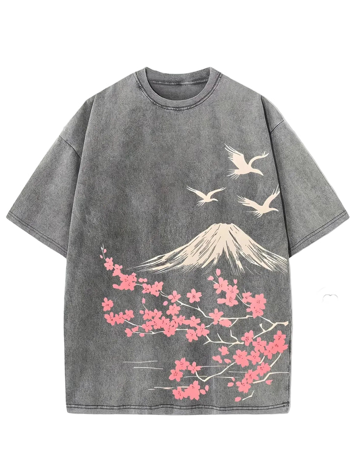 T-shirt Délavé Japonais Sakura Mont Fuji gris