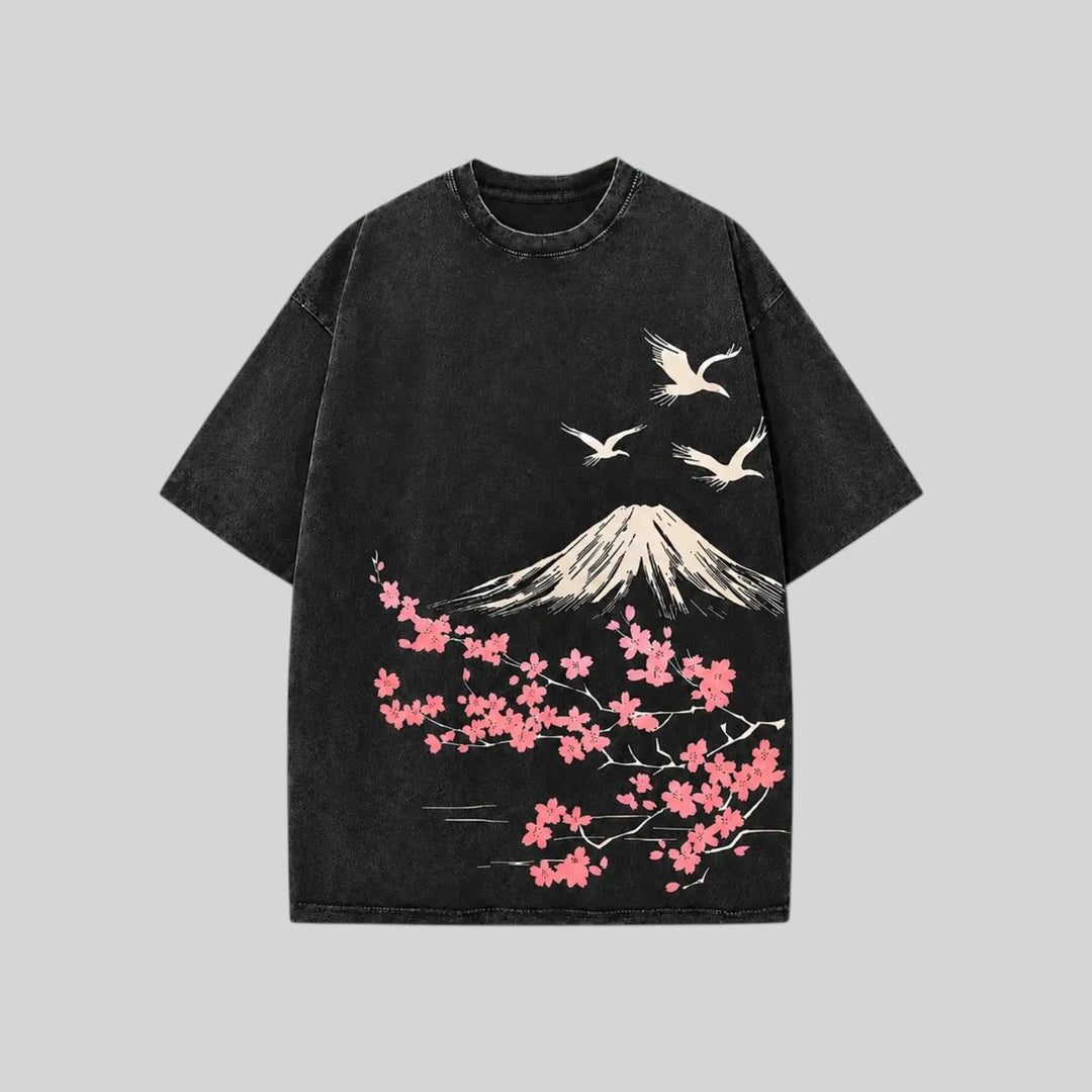T-shirt Délavé Japonais Sakura Mont Fuji homme