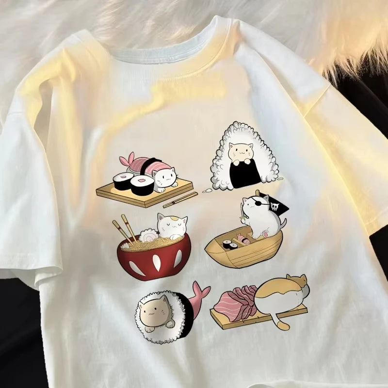 T-shirt Japonais Amusant Chat Sushi Blanc