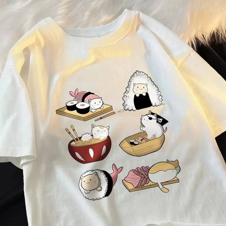T-shirt Japonais Amusant Chat Sushi Blanc