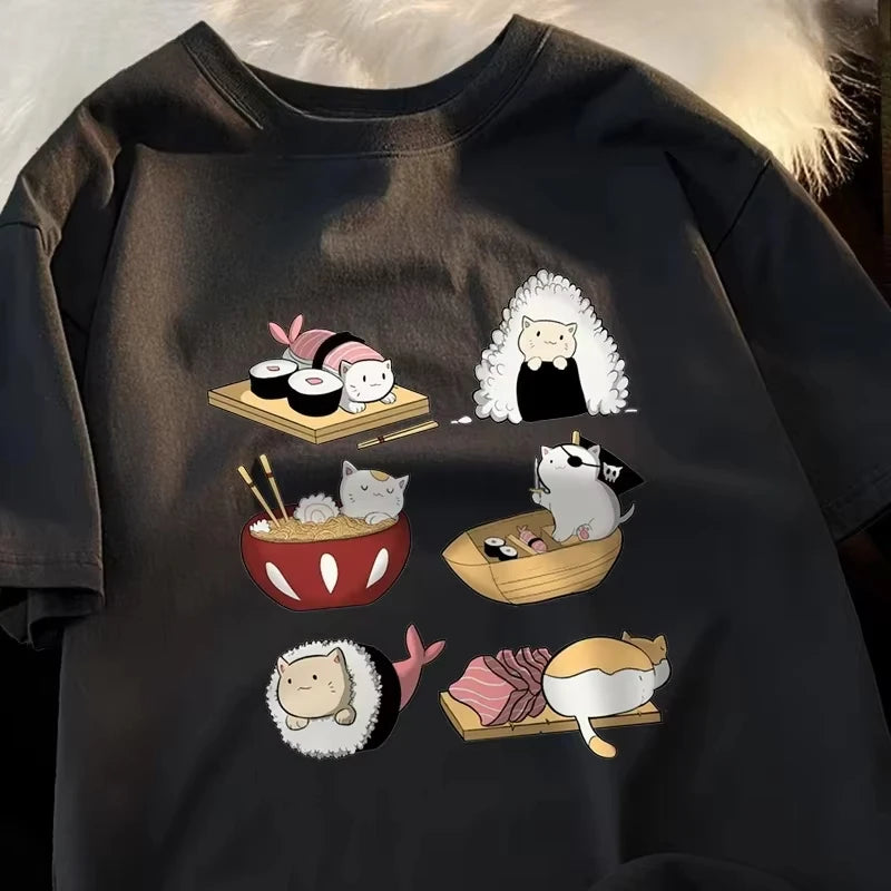 T-shirt Japonais Amusant Chat Sushi Noir