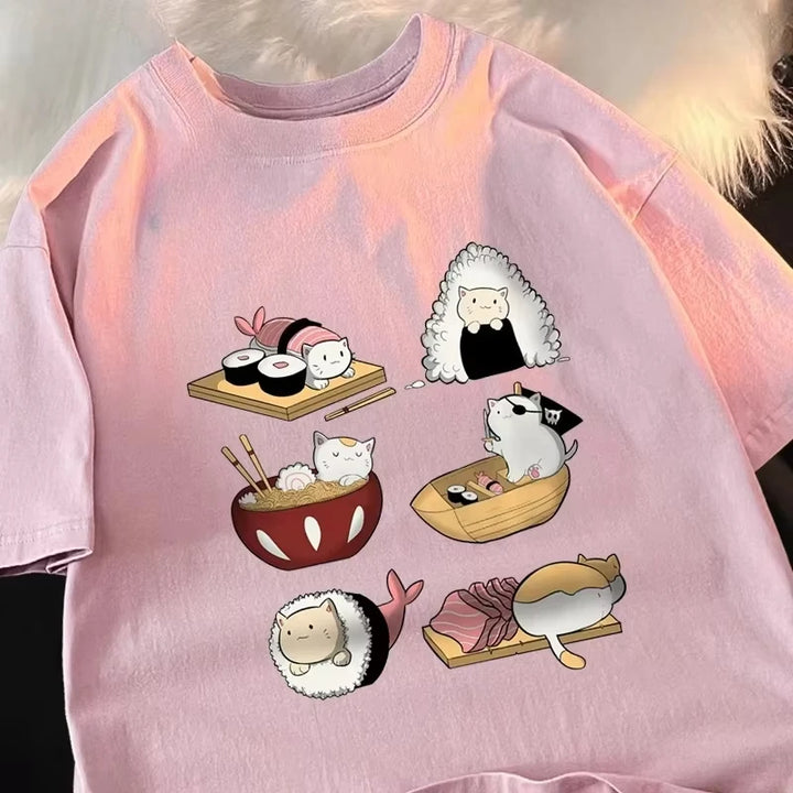 T-shirt Japonais Amusant Chat Sushi Rose