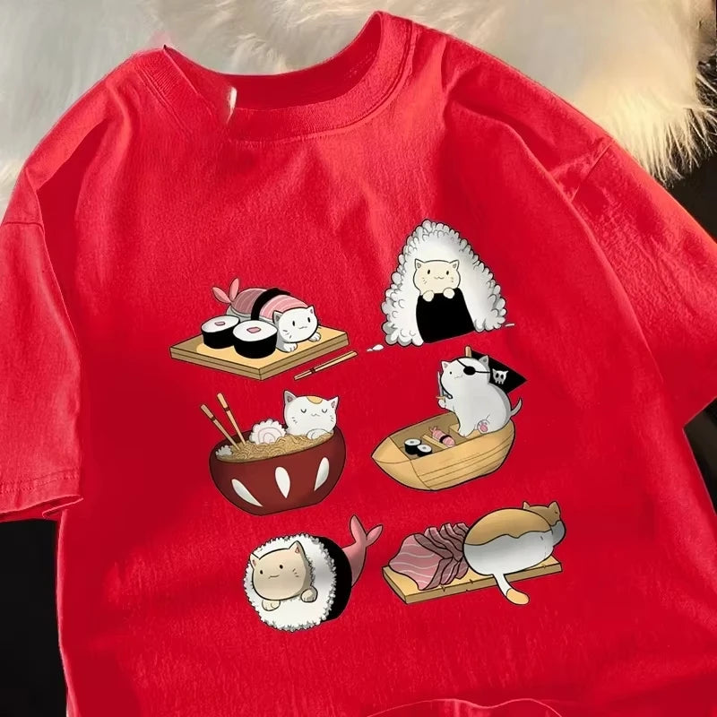 T-shirt Japonais Amusant Chat Sushi Rouge