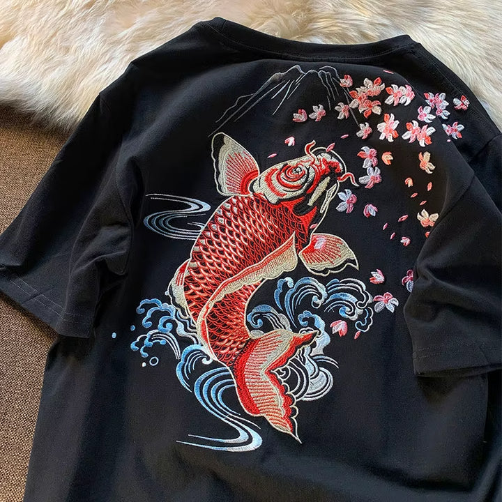 T-shirt Japonais Carpe Koi Brodé raffiné