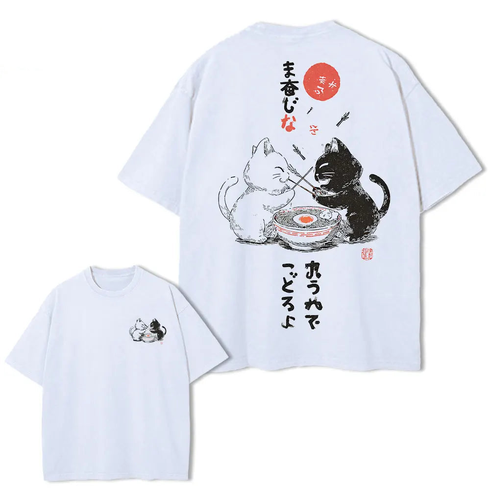 T-shirt Japonais Délavé Chat Blanc