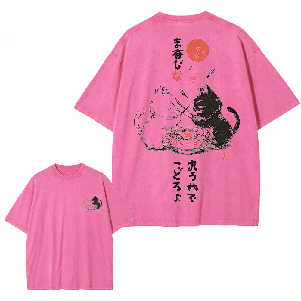 T-shirt Japonais Délavé Chat Rose