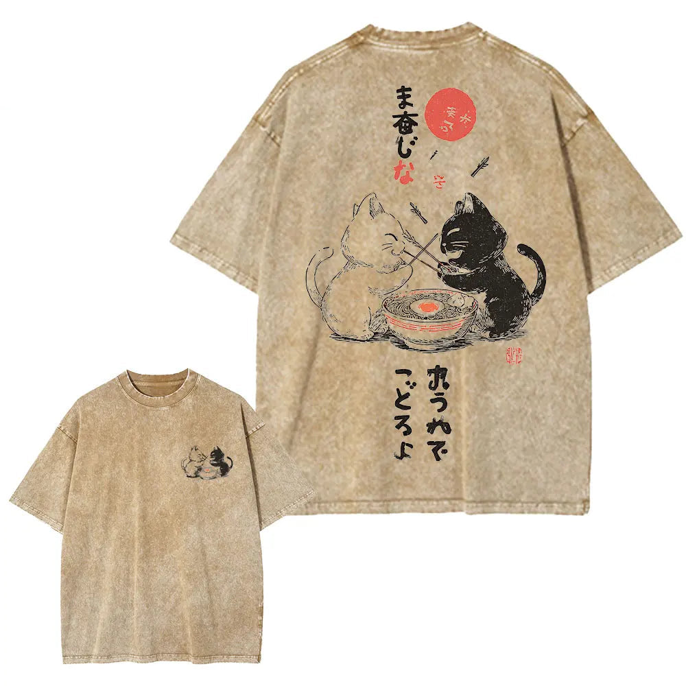 T-shirt Japonais Délavé Chat unique