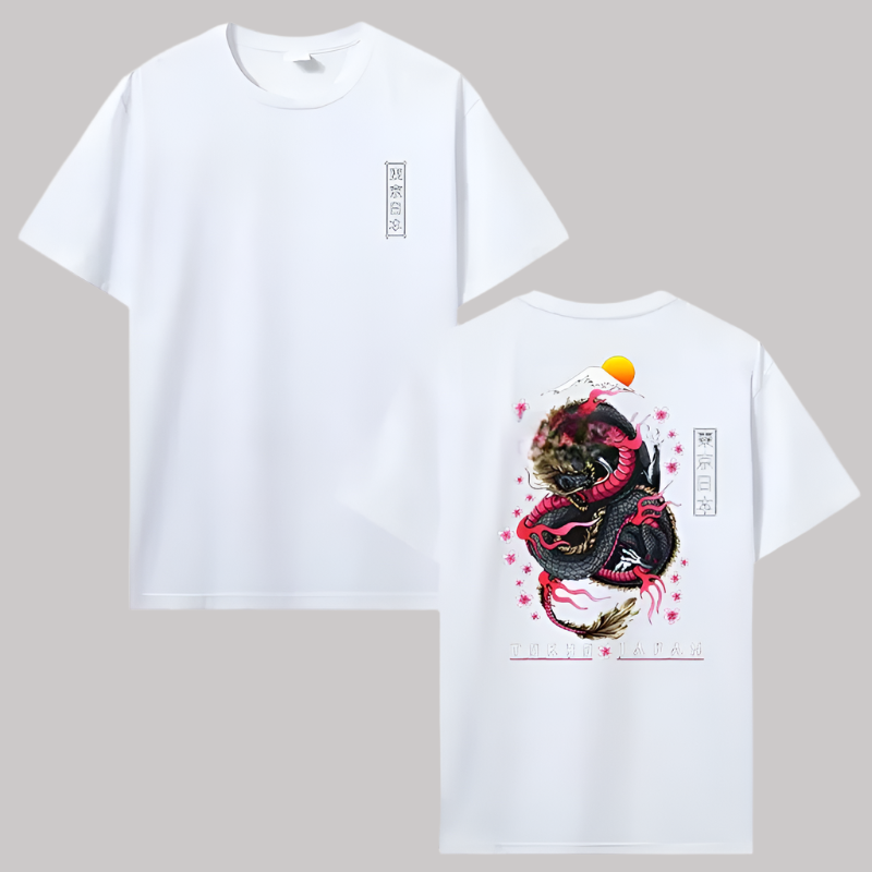 T-shirt Japonais Dragon Fleurs de Cerisier Blanc