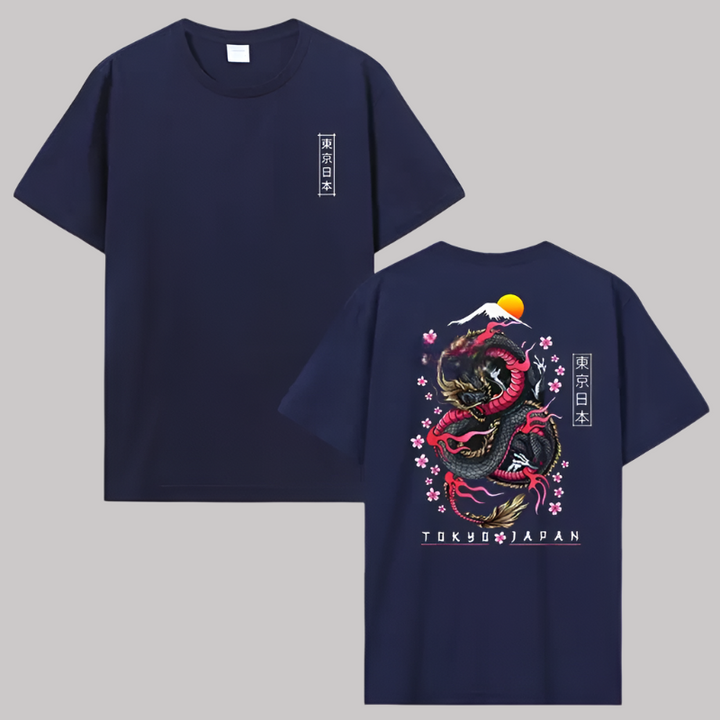 T-shirt Japonais Dragon Fleurs de Cerisier Bleu