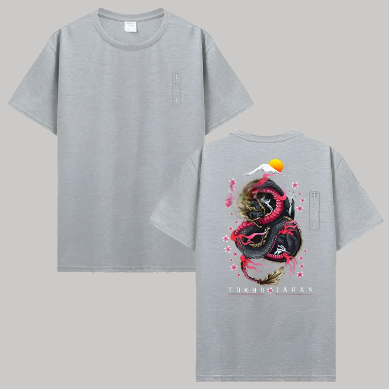 T-shirt Japonais Dragon Fleurs de Cerisier Gris