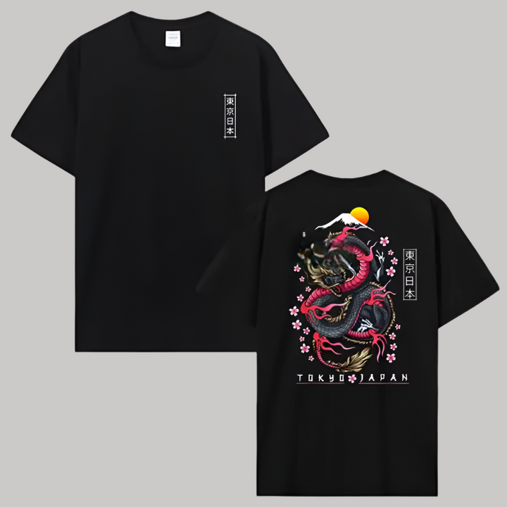 T-shirt Japonais Dragon Fleurs de Cerisier Noir