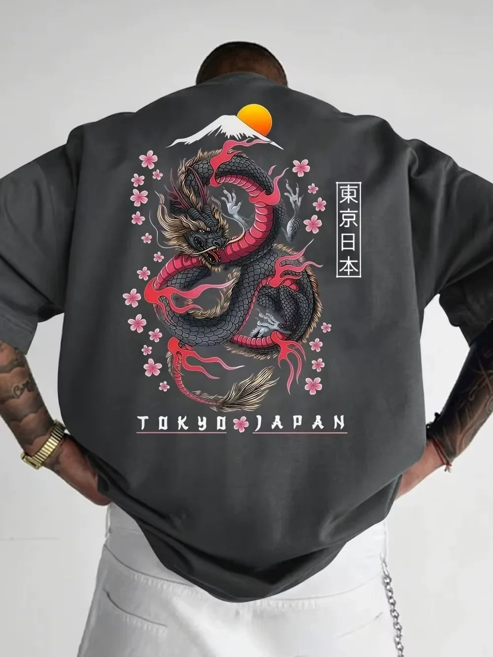 T-shirt Japonais Dragon Fleurs de Cerisier élégant