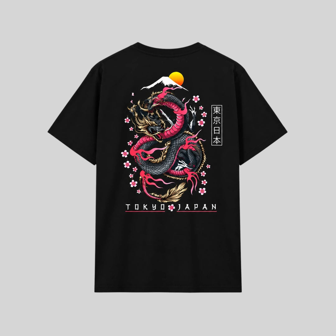 T-shirt Japonais Dragon Fleurs de Cerisier stylé