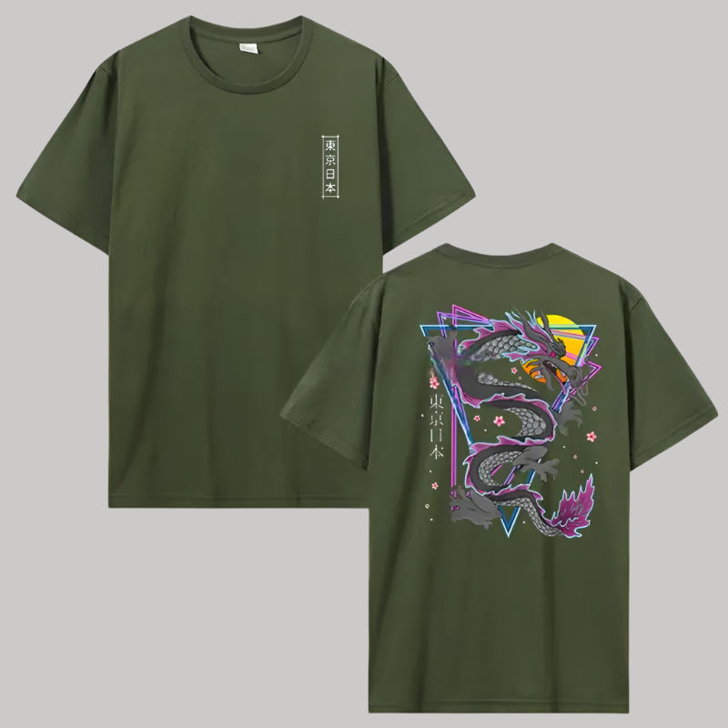 T-shirt Japonais Dragon Graphique Vert