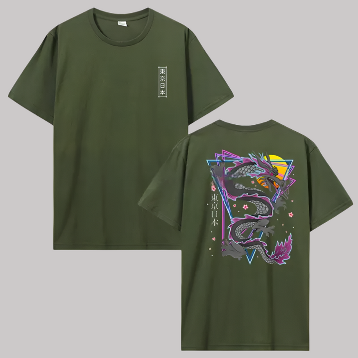 T-shirt Japonais Dragon Graphique Vert