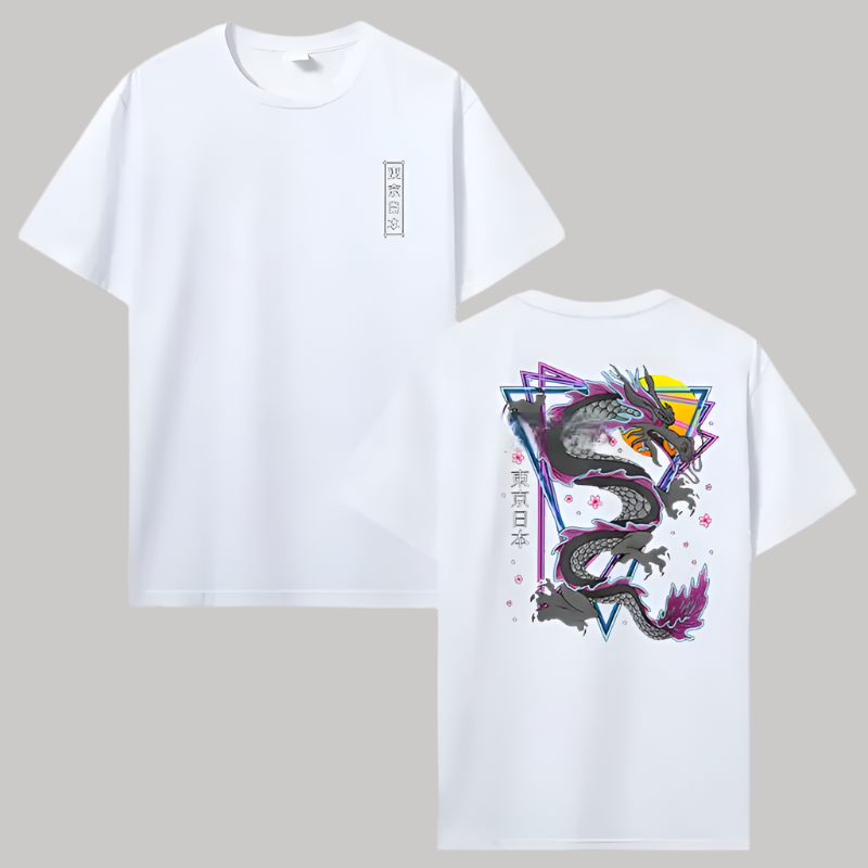 T-shirt Japonais Dragon Graphique Blanc