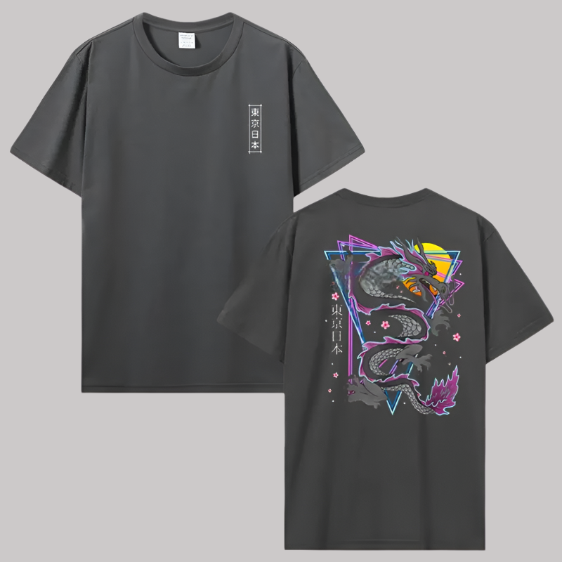 T-shirt Japonais Dragon Graphique Gris