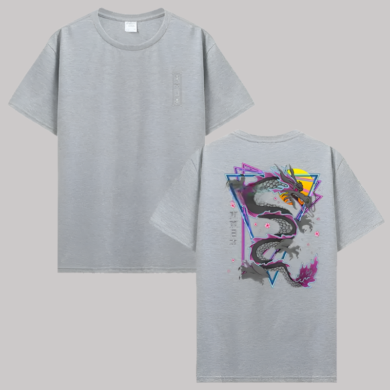 T-shirt Japonais Dragon Graphique Gris Clair