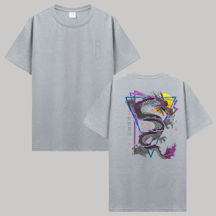T-shirt Japonais Dragon Graphique Gris Clair