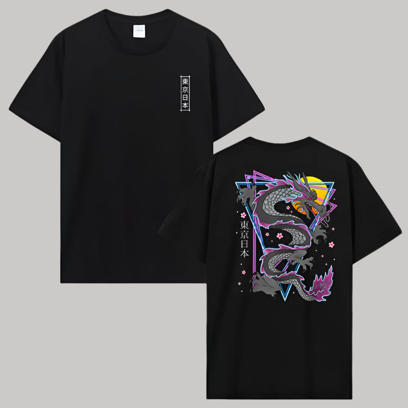 T-shirt Japonais Dragon Graphique Noir