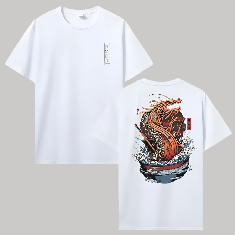 T-shirt Japonais Dragon Nouilles Blanc