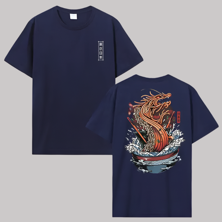 T-shirt Japonais Dragon Nouilles Bleu