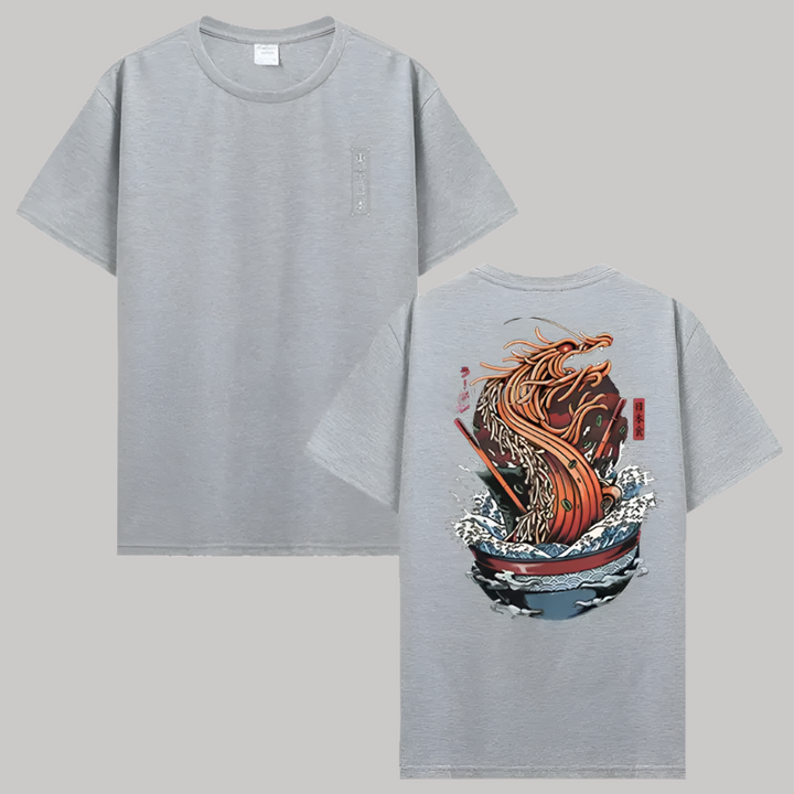 T-shirt Japonais Dragon Nouilles Gris Clair