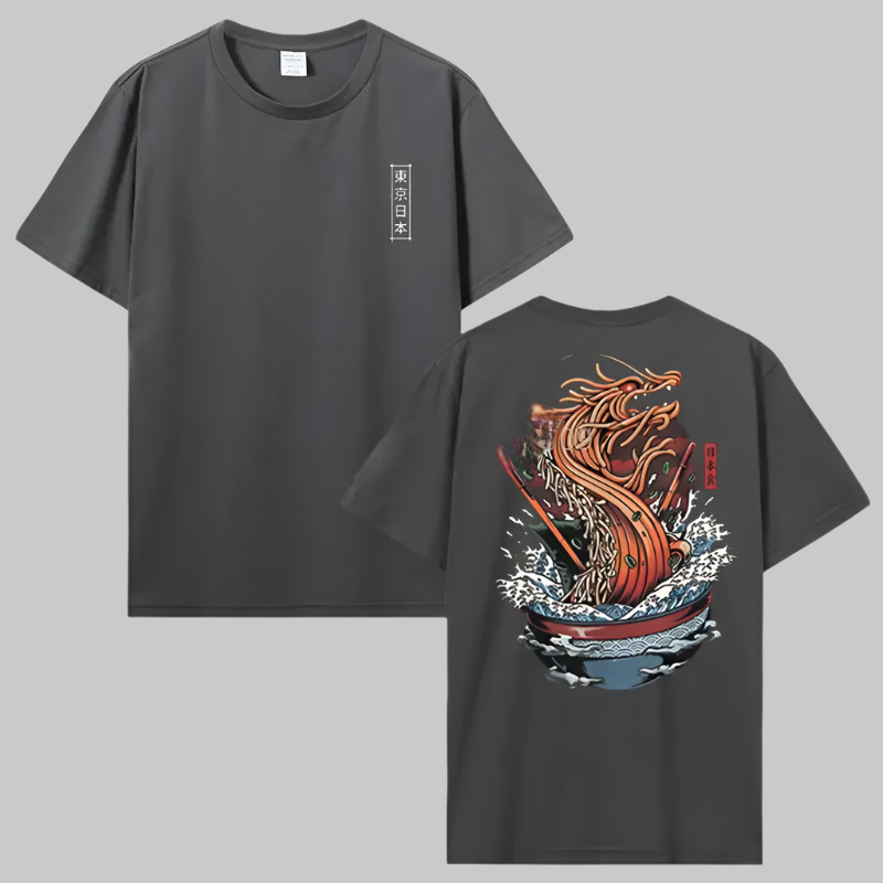 T-shirt Japonais Dragon Nouilles Gris Foncé