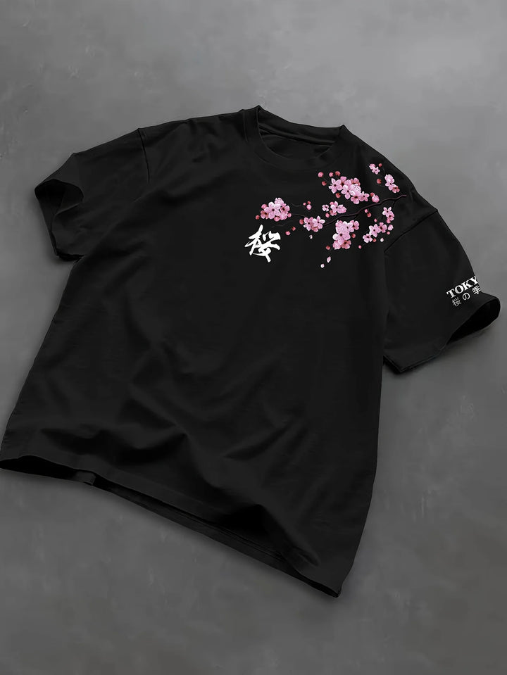T-shirt Japonais Elégant Sakura Noir