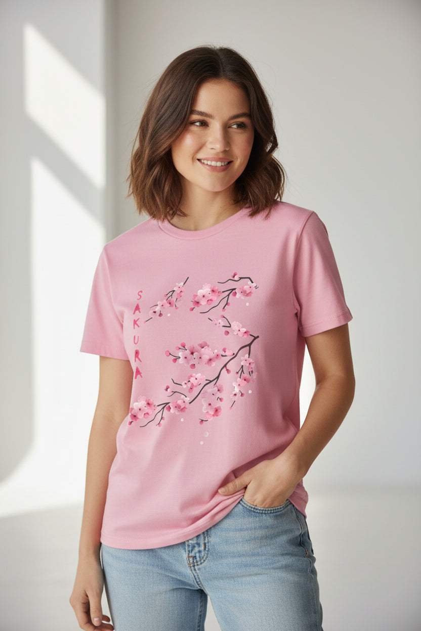 T-shirt Japonais Fleurs de Sakura Rose