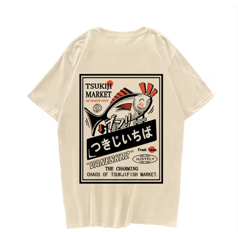T-shirt Japonais Hip Hop Poisson beige