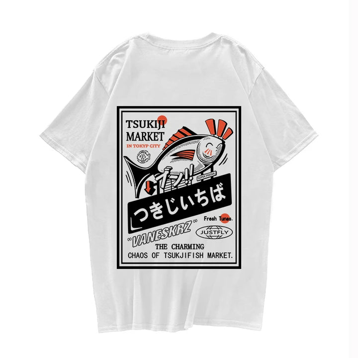 T-shirt Japonais Hip Hop Poisson Blanc